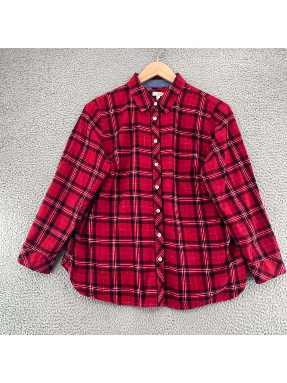 Talbots Shirt Womens 1X Red Plaid Cotton Flannel Metallic Long Roll Tab Sleeves